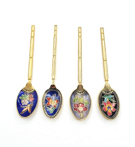 Cloisonne Enamel Hawaii Souvenir Spoons Set of 4 Gold Tone Handle Floral Design