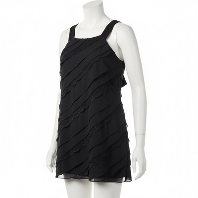 WHBM Mini Dress Black Tiered Ruffle Tunic M Lace Trim Cocktail Party Elegant