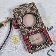 Coach Signature Mini C iPod Cover Case Red Brown Khaki Leather Strap Hangtag