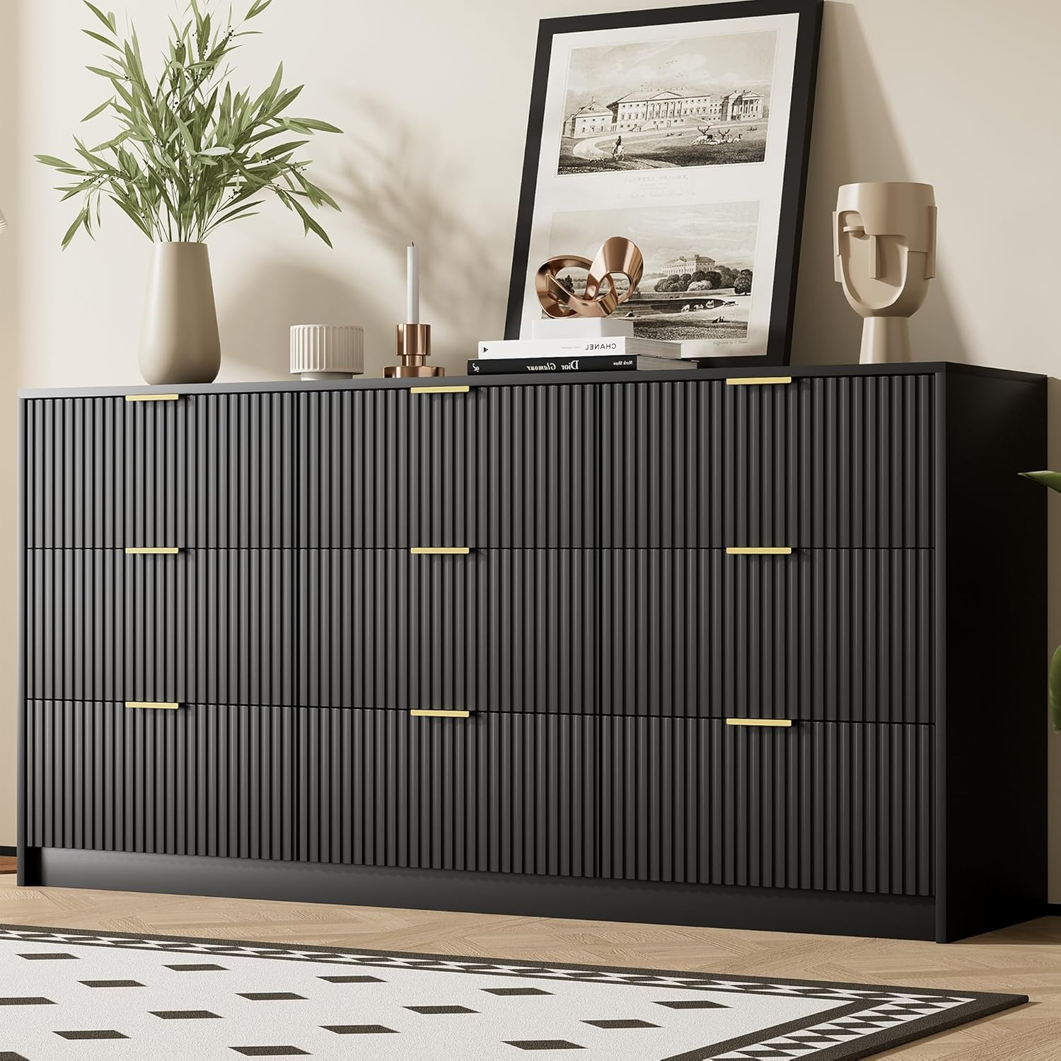 Black Dresser for Bedroom, Modern Dresser with 9 Drawers and Smooth Slides, Wide