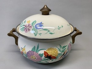 Vintage ASTA Floral Enamel Cookware 8.5” Dutch Oven Pot With Lid Brass Handles 