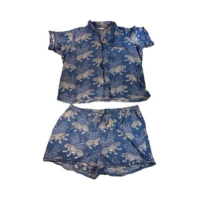Printfresh 3X Blue Leopard Print 100% Cotton Pajama Set Short Sleeve Collared