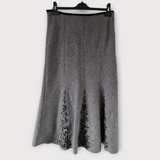 Per Una Vintage Y2K Skirt 12  Grey Black Herringbone Wool Mix Embroidery Midi