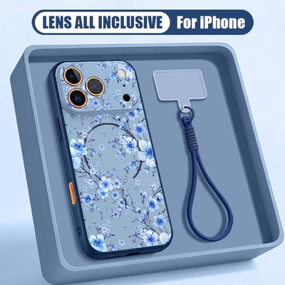 Magnet Hülle für iPhone 16 17 Pro Max 15 14 13 Handschlaufe Blumen Blatt Motiv