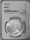 1923-P  $1 PEACE SILVER DOLLAR  "PHILADELPHIA MINT"  NGC MS61 #8131586-023