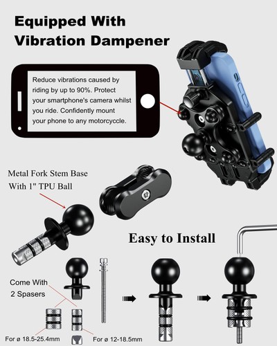 Motorcycle Fork Stem Phone Mount Holder with Vibration Dampener & High-Speed ... - Picture 5 of 9