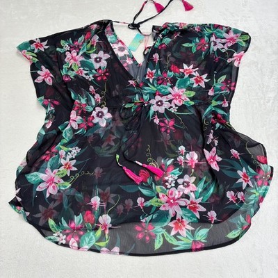 Accessoire tropischer Chiffon Kaftan mittel schwarz rosa Blumen Urlaub Strand Überwurf