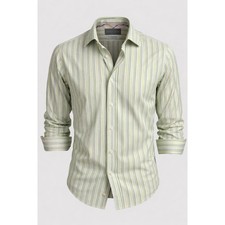 Thomas Dean Men's XL Green Striped Dress Shirt Cotton Long Sleeve Button Up EUC