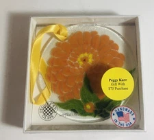 A042 PEGGY KARR Fused Glass ORANGE ZINNIA Flower 3" Ornament - Signed - Box