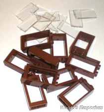 Lego WINDOW FRAME 1X2X3, REDDISH BROWN, with Clear Glass, 60593 Lot of 10, New