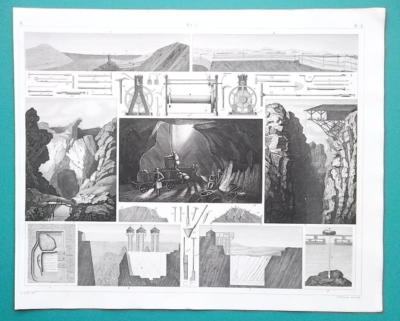 MINING Coal Mines Slate Quarries Sweden Newcastle Tools - 1844 Superb Print