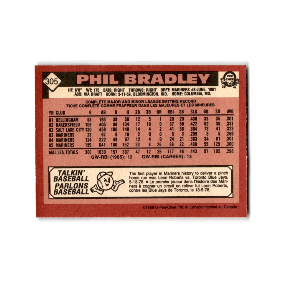 Phil Bradley 1986 O-Pee-Chee #305 Seattle Mariners Baseball Card NM - Image 2 of 3