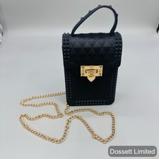 Rhombic Pattern Chain Crossbody Phone Bag, Matte Black, Gold Hardware, 7  x4.5  