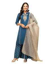 Women's Teal Blue Silk Blend Straight Kurta with Palazzo and Dupatta