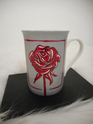 Porzellan Tasse  Rote Rose  grau Kaffeetasse Kaffeebecher Henkeltasse  