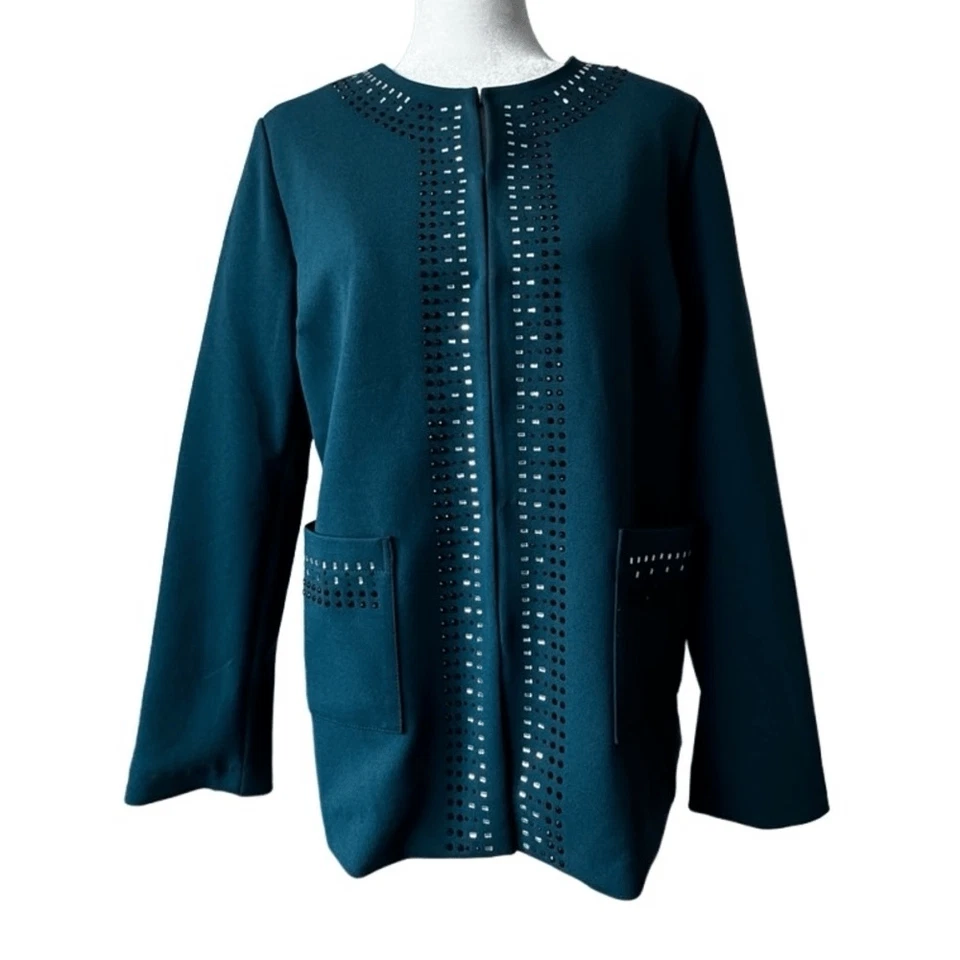 Chaqueta Dennis Basso Tejida Turquesa Adornada Caviar Crepé TALLA S NUEVA SIN ETIQUETAS Foto 2 de 4