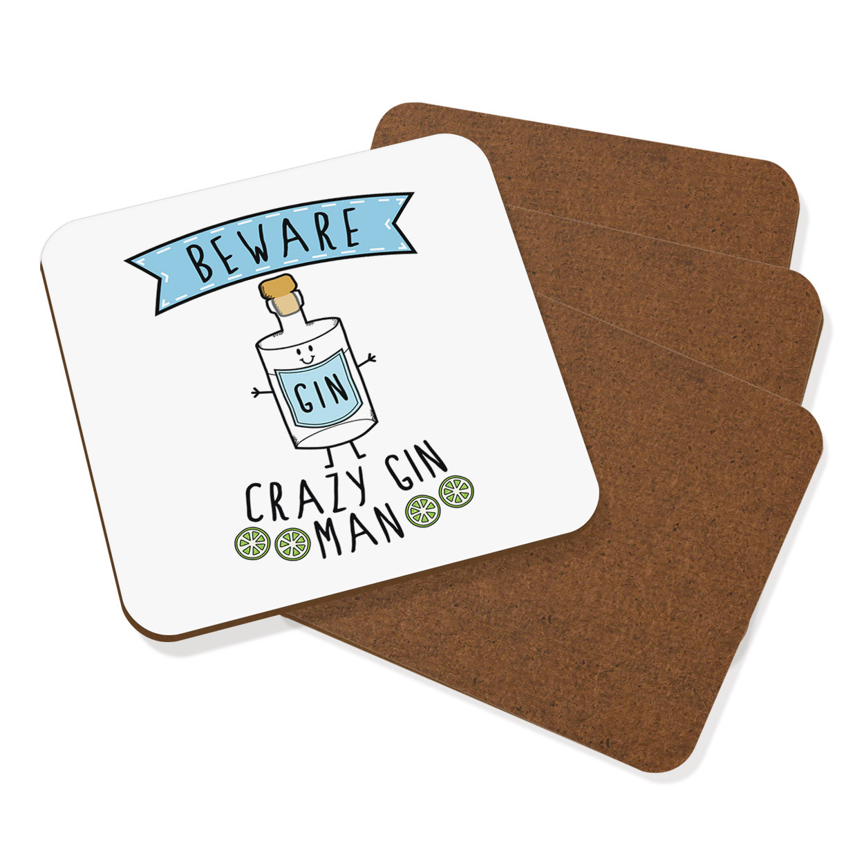 Beware Crazy Gin Man Coaster Drinks Mat Set Of 4 - Funny Tonic