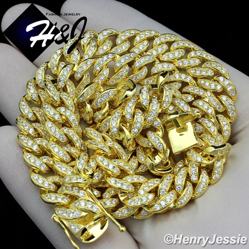 18"-30"MEN 925 STERLING SILVER ICY CZ 8MM GOLD PLATED/SILVER CURB CUBAN NECKLACE - Picture 11 of 20