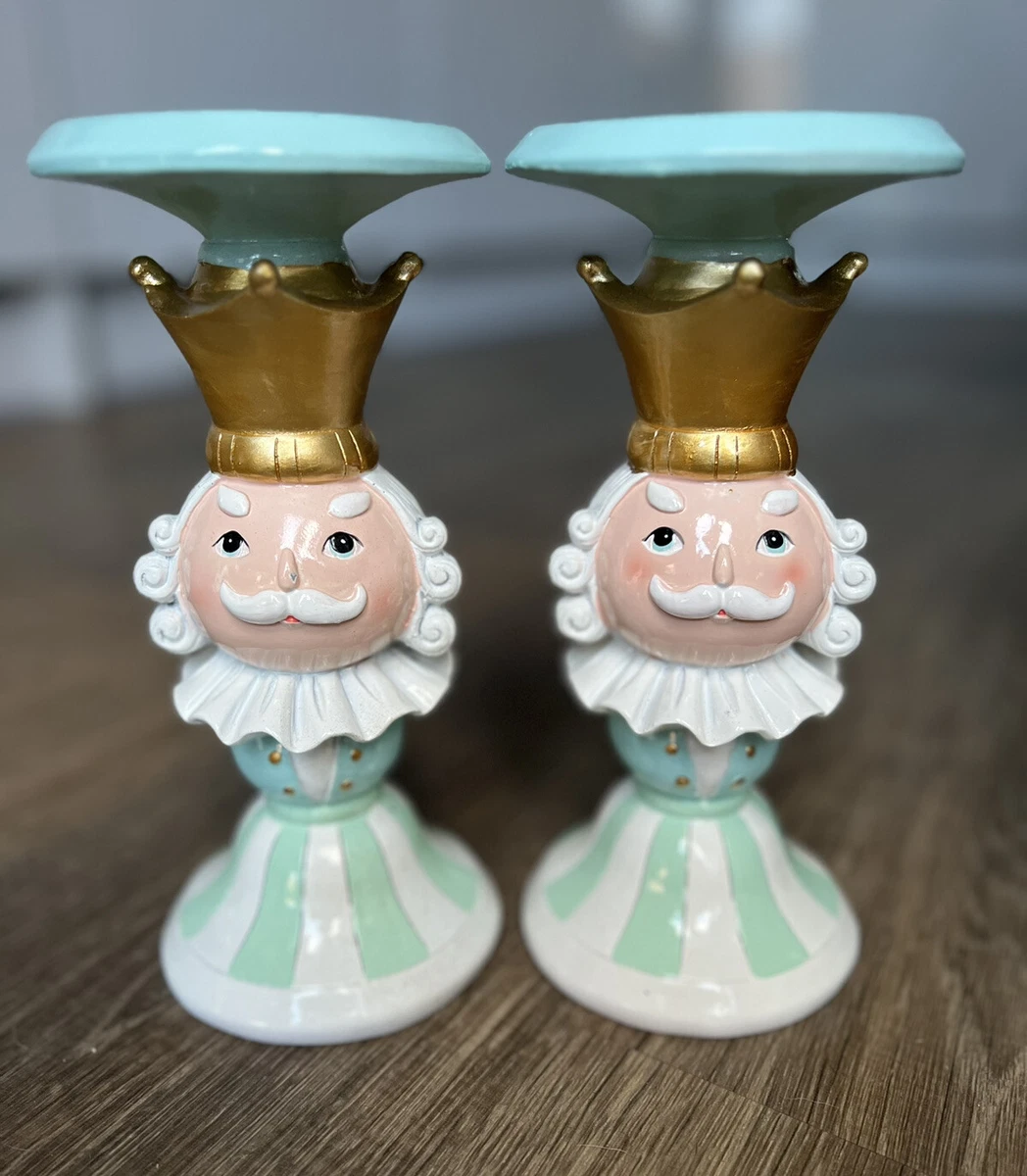 Rare TK Maxx Christmas Nutcracker Candy Pastel Candle Holder 21cm Tall Pair