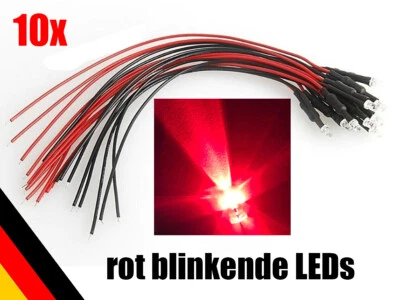 10 Stück LED 3mm ROT klar Blinkt Flash 6-12V fertig verkabelt Modellbau H0