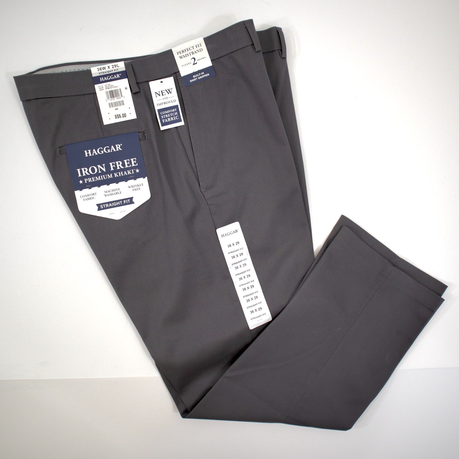 Haggar Dress Pants Mens 36x29 Stretch Twill Flat Front Gripper Waist, Gray NEW! eBay