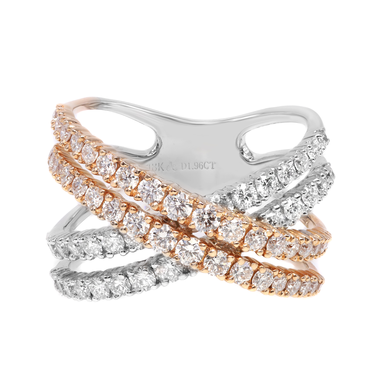 Natural Diamond Two Tone Crisscross Ring 18K White & Rose Gold 1.96Cttw Size 7