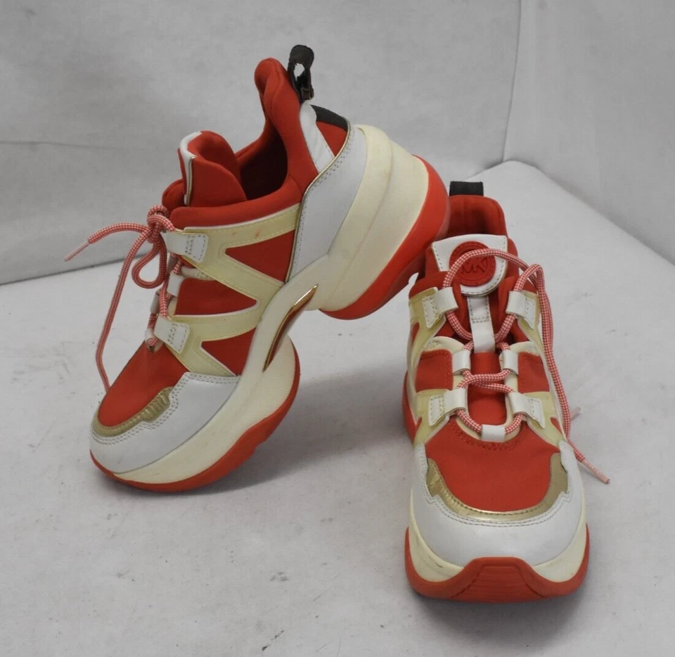 Michael Kors SG19B Olympia Orange Sneakers White Chunky Platform Size 7.5M - Imagem 2 de 4