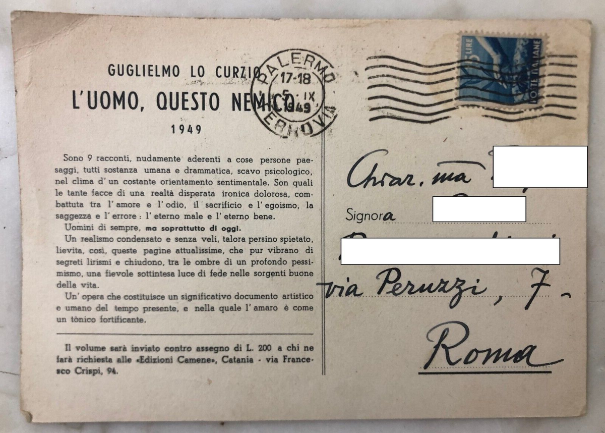 Guglielmo Lo Curzio Lettera autografa su Cartolina editoriale 1949
