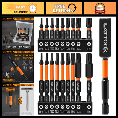 19-Piece Security Torx Bit Set - Magnetic S2 Steel, Tamper Proof, T10-T50, 1'' &