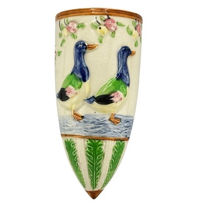 Vintage Hand-Painted Ceramic Duck Wall Pocket Vase Floral Cottage Farmhouse