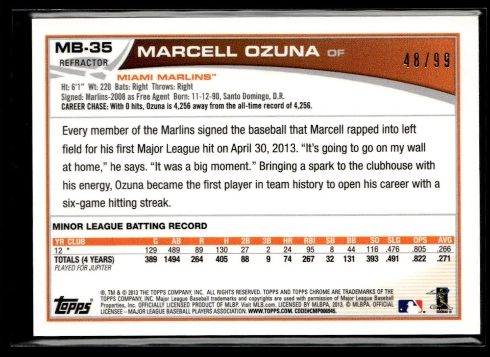 2013 Topps Chrome Update Black Refractor Marcell Ozuna RC 48/99 Miami Marlins - Image 2 of 2