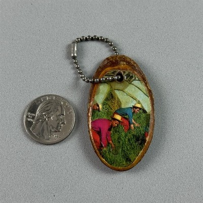 Vintage Field Workers Decoupage Wood Slice Chain Keychain Key Ring #54886