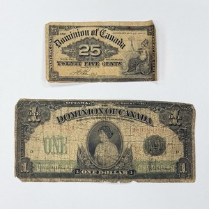 1900 25c Shinplaster & 1917 $1 Princess Patricia Canada Banknote Lot Paper Note