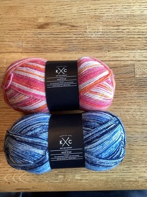 K C Sockstar Sock Yarn Lot Of 2 75% Wool Blue Coral Orange 100 gm 437 yds
