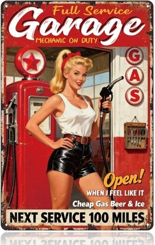 Garage Gas Pin-Up little woman Vintage Tin Metal Signs Home Décor 8x12 Inch Full
