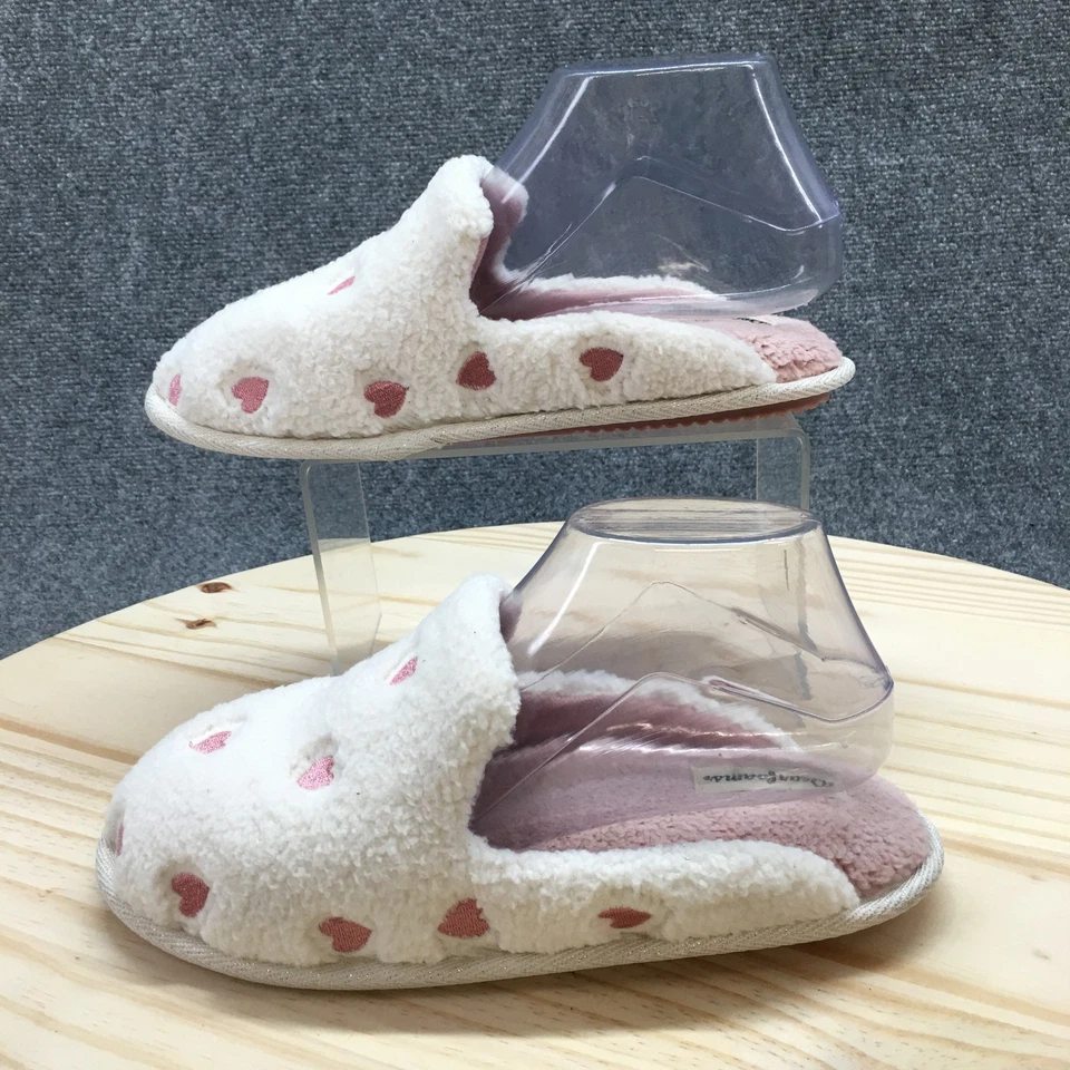 Zapatillas Dearfoams para mujer 7-8 blancas con corazón de peluche punta redonda sin cordones de piel sintética planas Foto 2 de 4
