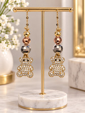 Gold Filled teddy bear dangle earrings multicolor beaded long drop cute earrings