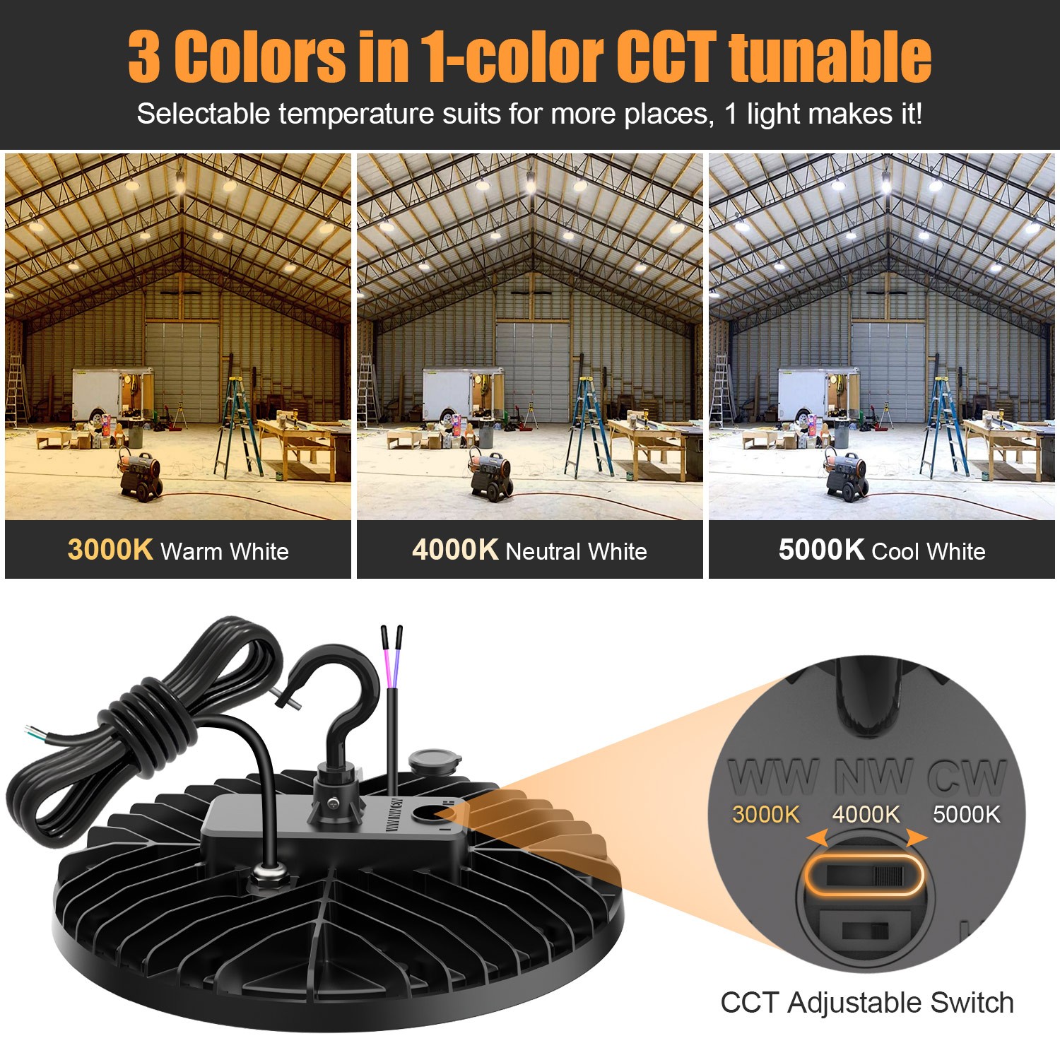 150W UFO LED High Bay light Commercial Warehouse Garage Lamp Adjustable 3K/4K/5K