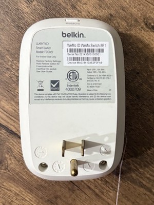 Belkin WeMo Wi-Fi Smart Plug 120V 15A 1800W White Model F7C027
