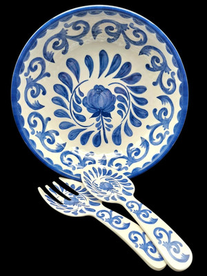 Blue Rose Scroll Melamine Salad Bowl Set with Utensils Artisan de Luxe, 14''