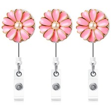 Qinsuee Retractable Badge Holder, ID Reel with Pearl, 3 Pack Pink Pink