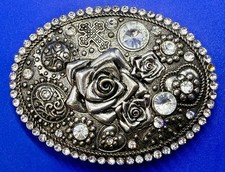 Jeweled Rose Flower Cross Hearts Oval Ladies Belt Buckle - Missing A Rhinestone