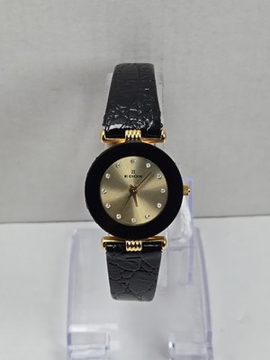 Edox Swiss Womens Vintage Dress Watch Gold Black Leather Crystal New Battery