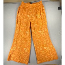 Wonderly Women's Large Orange Floral Wide Leg Palazzo Pants Boho Elastic Waist