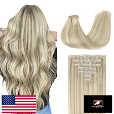 GOO GOO Clip in Hair Extensions Remy Human Hair 24" Ash Blonde Highlighted 120g