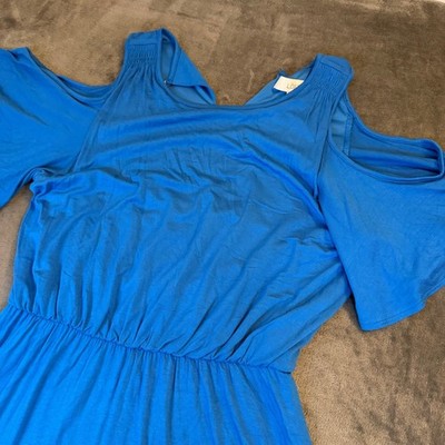 LOFT Cold Shoulder Dress Womens Medium Blue Flutter Sleeve Elastic Waist