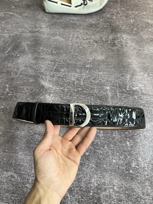  Christian Dior Black Patent Leather Belt Size 85 Silver Buckle Made in France
