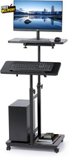 Mobile Laptop Stand Desk Standing or Sitting Rolling Computer Cart with Tower...