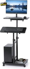 Mobile Laptop Stand Desk Standing or Sitting Rolling Computer Cart with Tower...