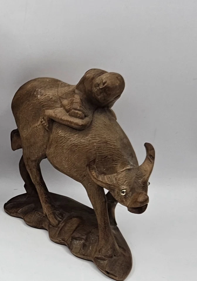 (3) Chinese Wood Hand Carved Figures Two Riding Water Buffalos Antique  - Image 3 of 4